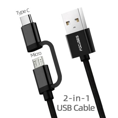 Focuses Nylon Braided 2 in 1 Micro to Type C to USB A Fast Charge Cord Braided Fast Charging USB Data Cable Multi Charging Cable